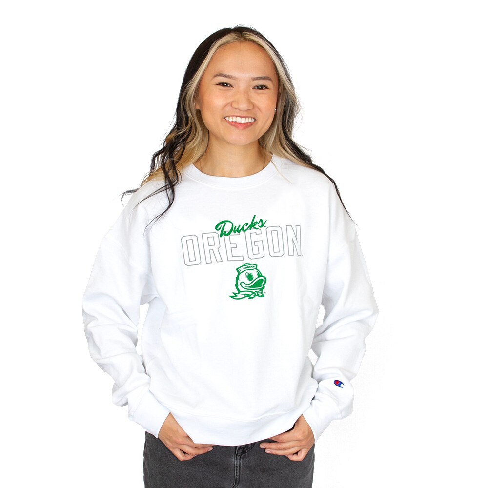 Ducks Spirit, Champion, White, Pullover, Cotton Blend, Women, Oregon Mascot, Sweatshirt, 1005343